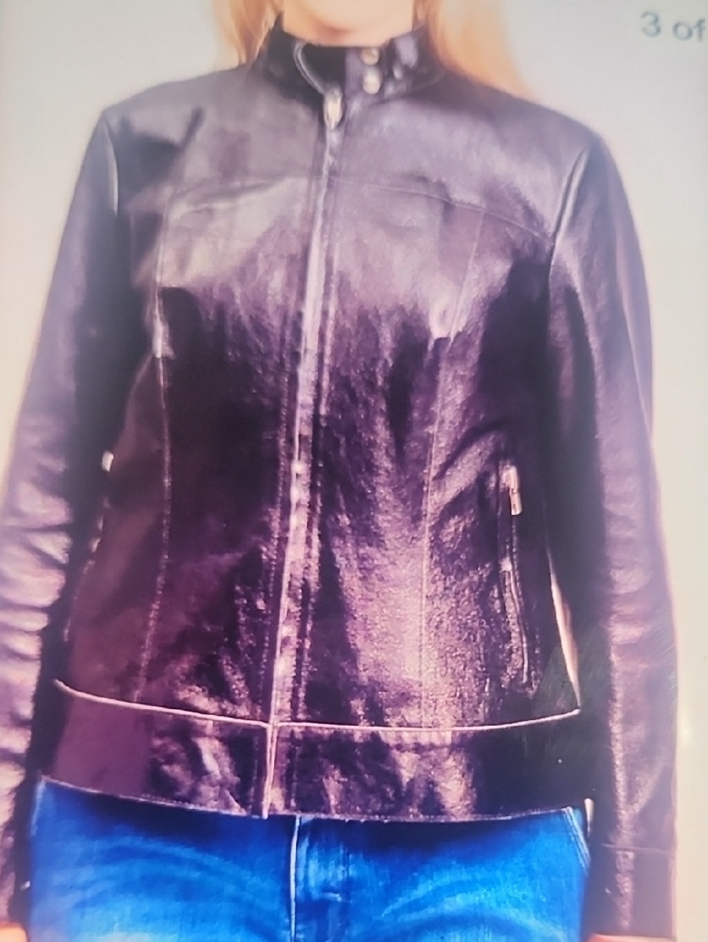 Women’s Black Leather Zip-Up Jacket with Stand Collar
